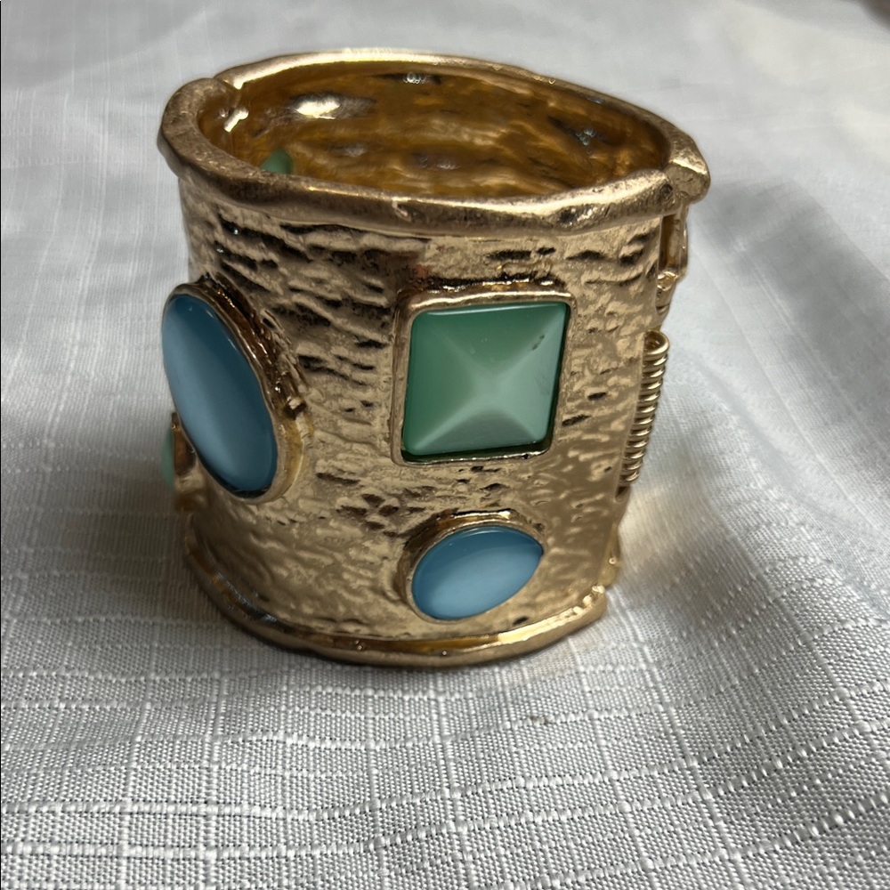 Chunky Gold Cuff with Blue and Green Accents